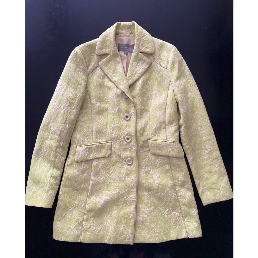 ANN TAYLOR Retro Green Textured Floral Mid-Length Coat sz 4
